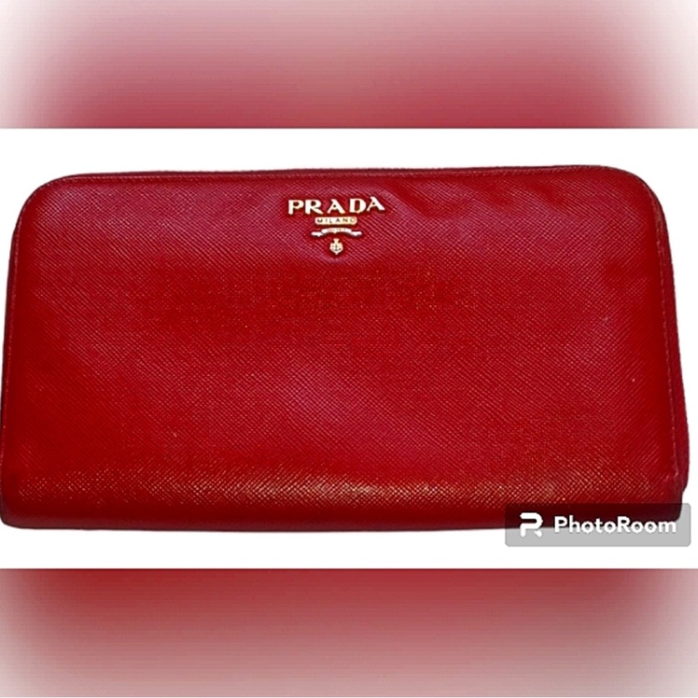 PRADA AUTHENTIC SAFFIANO LEATHER WALLET TOMATO RED W GOLD HARDWARE GUC